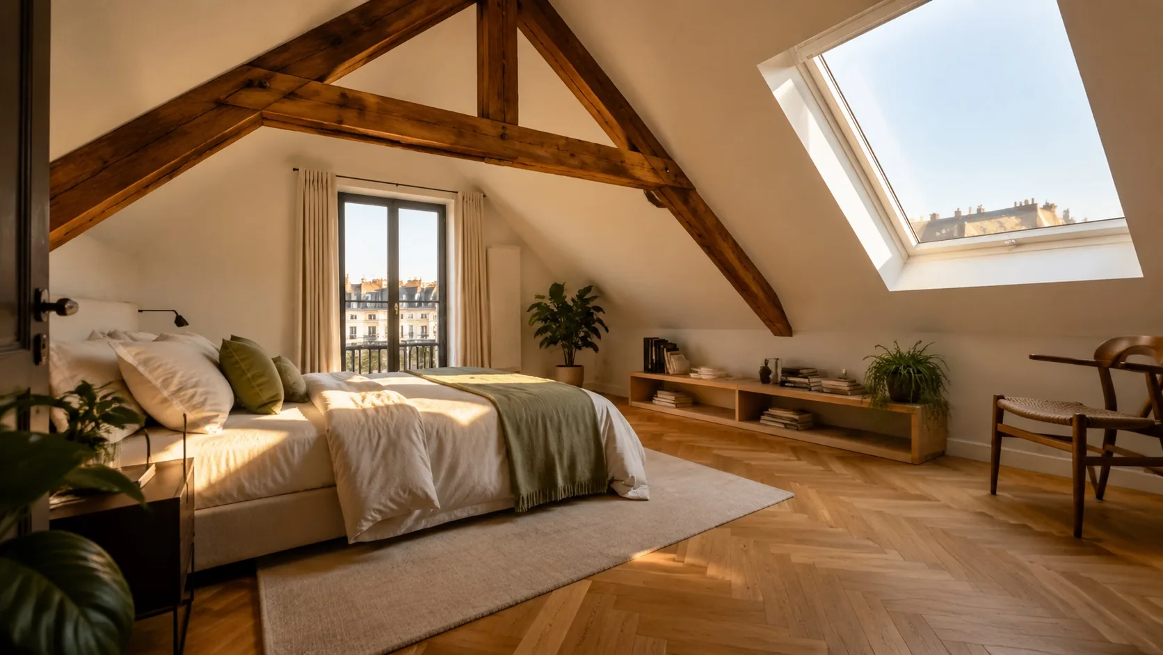 Aménagement de grenier en chambre à Bruxelles - charpente apparente, parquet, fenêtre de toit - Deco-Bati SRL